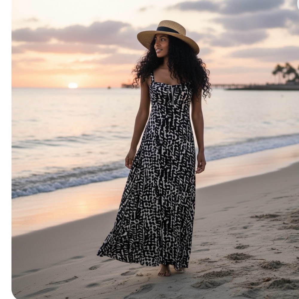 New H&M Black/White Divided Animal Print Stretchable Sweetheart Maxi Dress Sz/4